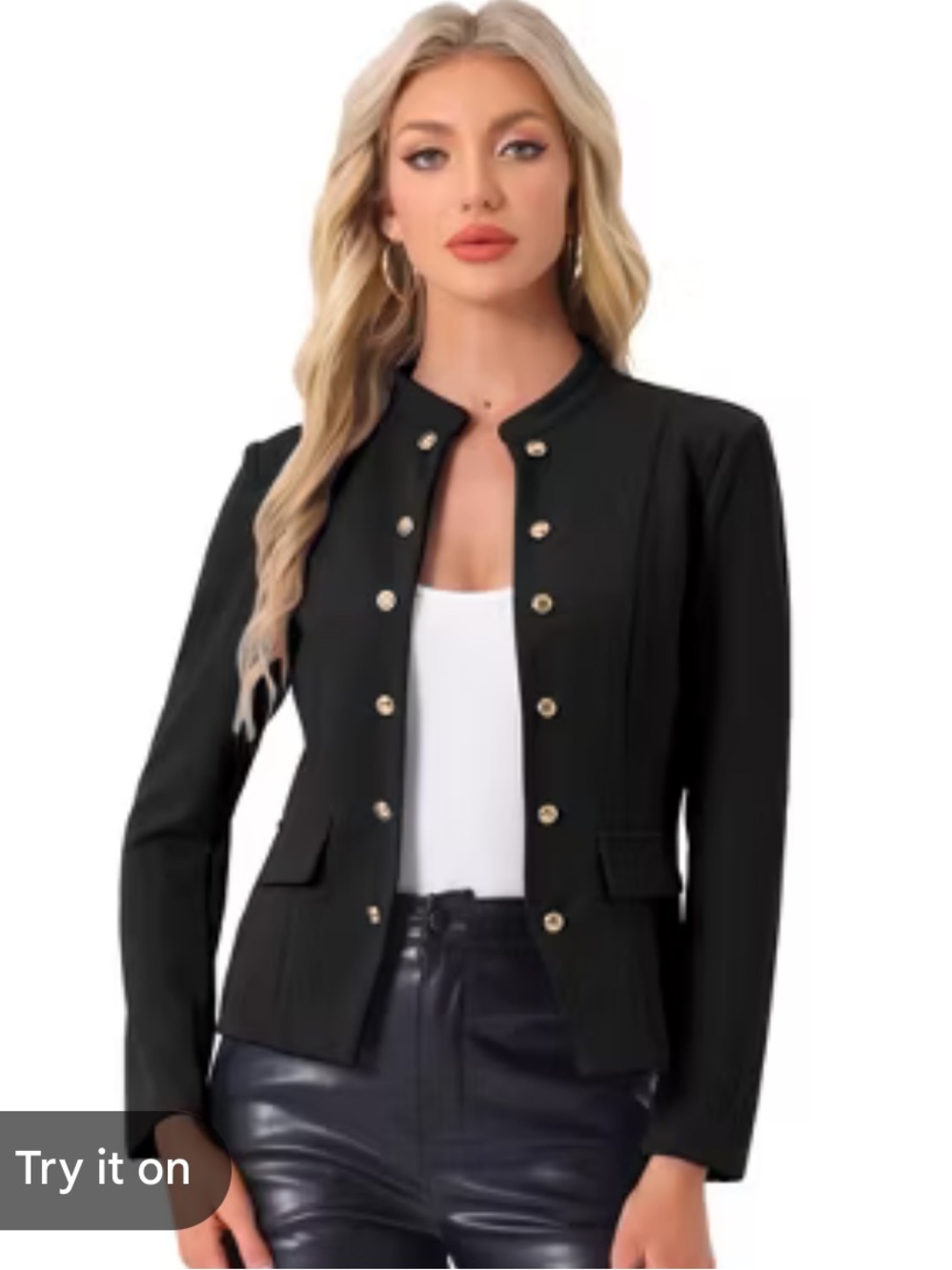 Women's Black Military-Button Stand Collar Blazer